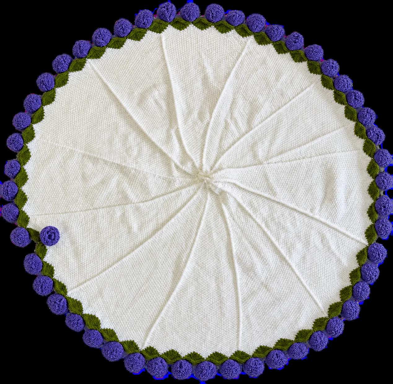 A round white crochet blanket with a purple pom-pom edge.